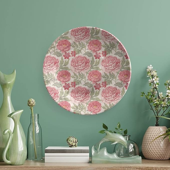 10 Inch Decorative Plate, Victorian Ceramic Plate, Romantic Peonies Botany Print Ornament Display Plate for Dining Table Setting, Wedding Reception Decorations, Christmas Tablescape, Muticolor