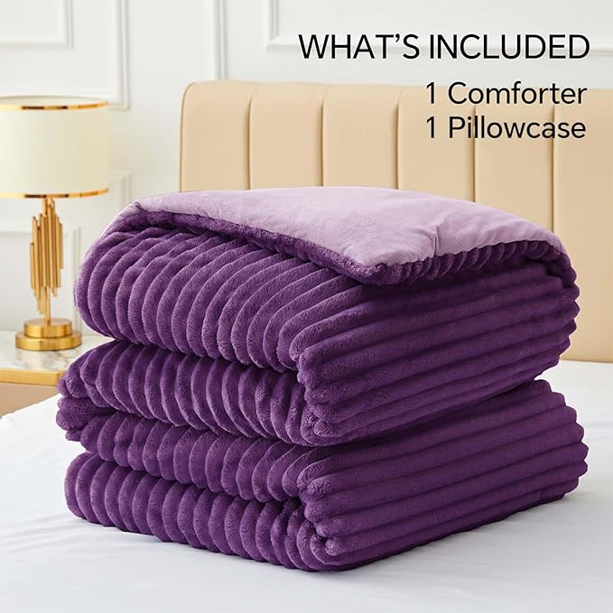 BEDELITE Fleece Twin Comforter Set -Super Soft & Warm Fluffy Purple Bedding, Luxury Fuzzy Heavy Bed Set for Winter with 1 Pillow case