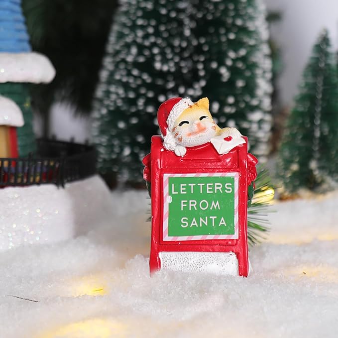 NINIPAPA Christmas Village Accessories Santa's Mailbox Villages Sets for Christmas Decoration Cute Cat Send Letter to Santa Resin Christmas Ornaments