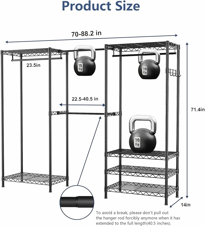 Clothes Rack, Heavy Duty Clothes Rack, Large Wire Closet Garment Rack, Freestanding Expandable Metal Clothing Rack with 4 Hanging Rods, 6 Shelves, and 4 Hangers for Hanging Clothes, Black