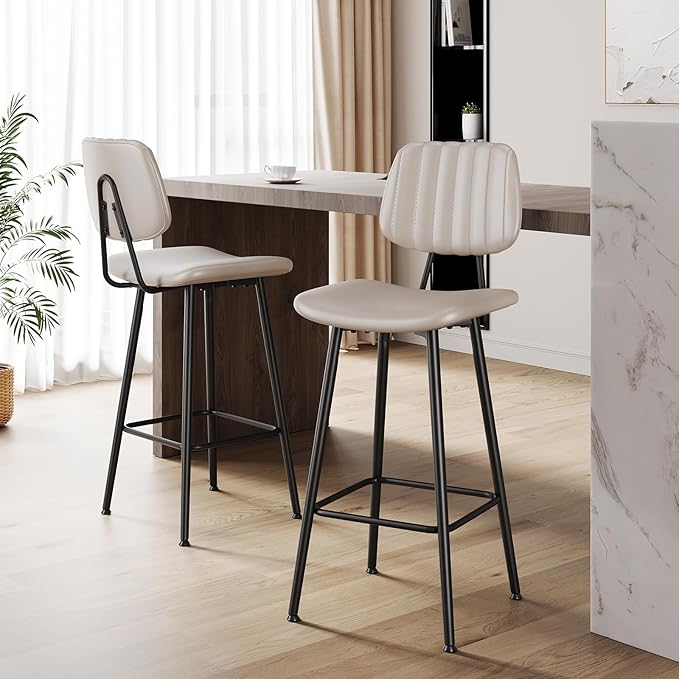 29-Inch Leather Bar Stools Set of 3, Counter Height Barstools with High Backrest，Bar Chairs for Kitchen Island with Heavy Duty Metal Legs, Beige