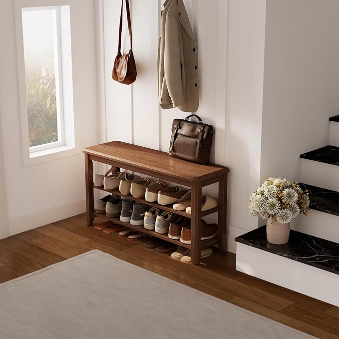 AQIMUELE Wood Shoe Rack Bench for Entryway, 2 Tier Shoe Rack for Front Door Entrance, Shoe Bench with Shoe Storage for Entryway, Bedroom, 39.4"