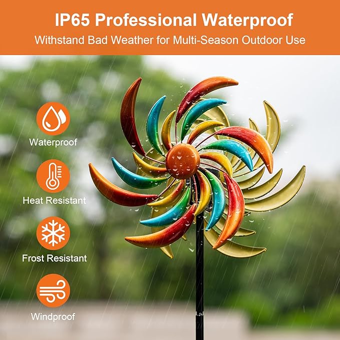 360° Wind Spinners Outdoor with Solar Lights Colored Leaves Garden Decor Yard Lawn Art Decor for Patio Kinetic Windmills 60.63'' H x 13.38'' Dia Unique Gifts for Friends and Family