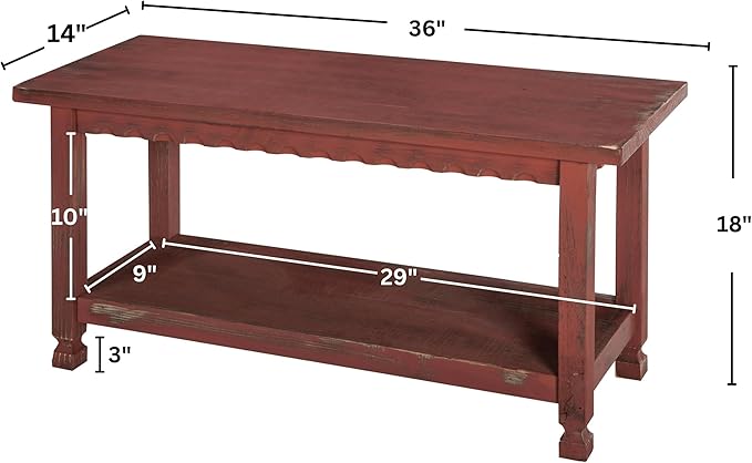 Country Cottage Rustic Farmhouse Bench – 36” Solid Wood Entryway Seat with Storage Shelf for Hallway, Mudroom, or Living Room Accent by Alaterre Furniture (Distressed Antique Red Finish)