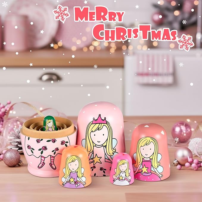 Gejoy Russian Nesting Dolls for Kids Handmade Matryoshka Wooden Stacking Toys Nesting Dolls Collectible Gifts for Winter Christmas Holiday Present Boys Girls Adults Home Decor(Fairy)