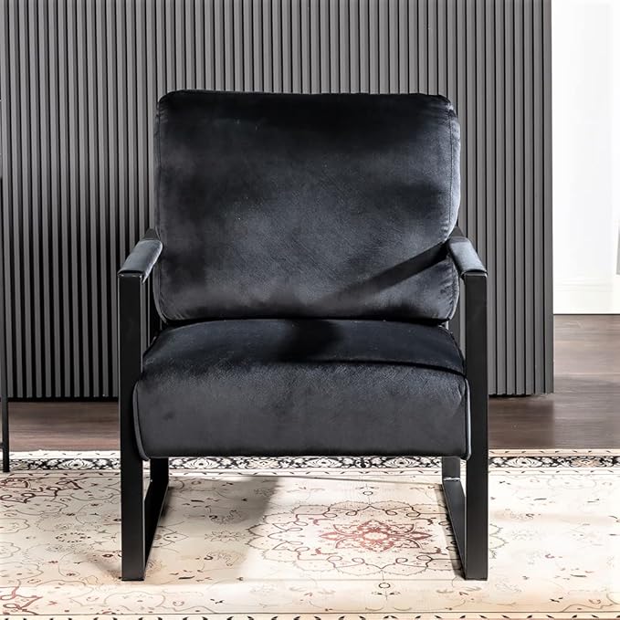 Container Furniture Classic Mid Century Modern Accent Chair with Durable Square Metal Frame, Armchair for Living Room, Bedroom, Home Office in Plush Velvet Upholstery, Black