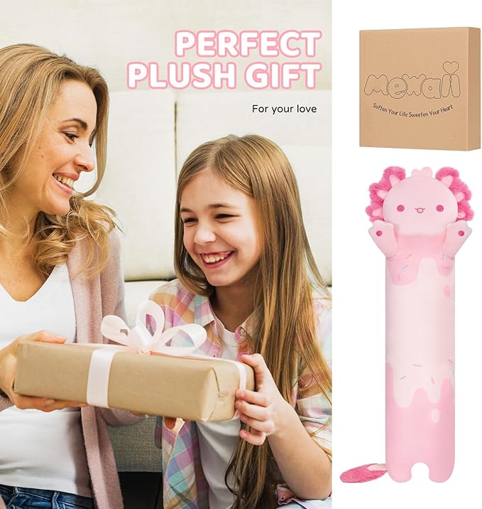 Mewaii Long Axolotl Plush 5 Sizes, 120% Extra Filling Giant Plushness Kids Body Pillow, Kawaii Cute Pink Axolotl Stuffed Animals Plushies, Big Long Body Pillow Cat Plush Gift for Girls 20”