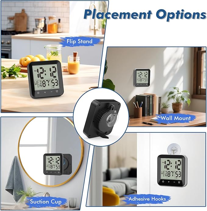 Waterproof Shower Clock Timer, Bathroom Clock with Countdown, Touch Screen, Indoor Temperature, Suction Cup, LCD Digital Wall Clock for Bath, Kitchen