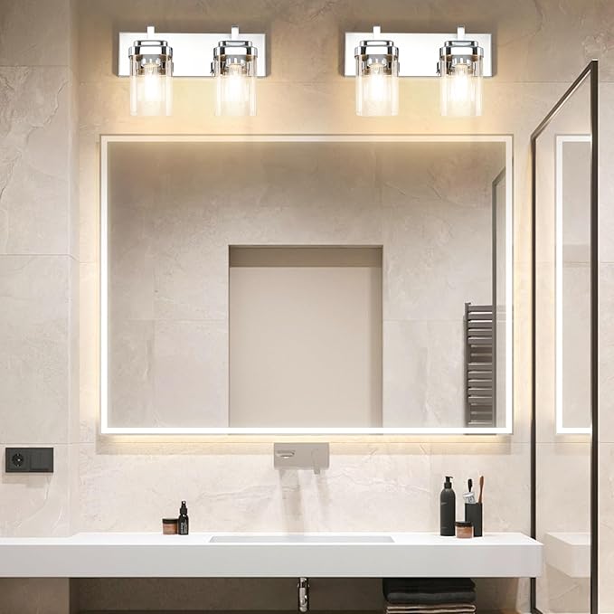 Vanity Light Fixture,2-Light Vanity Light for Bathroom,Matte Black Bathroom Vanity Lighting Over Mirror with Square Clear Glass Shade for Restroom