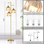 Gold Floor Lamp for Living Room Bedroom,3 Lights Mid Century Modern Floor Lamps with Flower Glass Shades,68IN Tall Standing Lamp with Bulbs,Vintage Tree Floor Lamp for Corner Office Reading