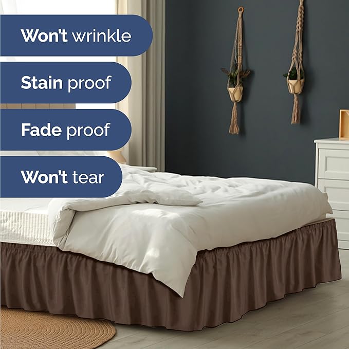 Wrap Around Dust Ruffle Bed Skirt - Brown - for King Size Beds with 21 Inch Drop - Easy Fit Elastic Strap - Adjustable Pleated Bedskirt w/Brushed Fabric - Wrinkle Free - for Women, Men, Kids & Teens
