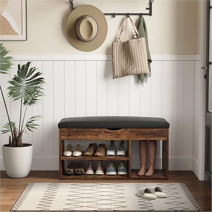 Apicizon 31 Inches Storage Bench, Shoe Bench with Flip Top Storage Space and Padded Cushion, Wooden Entryway Bench for Entryway, Living Room, 2-Tier Shoe Rack Organizer, Brown