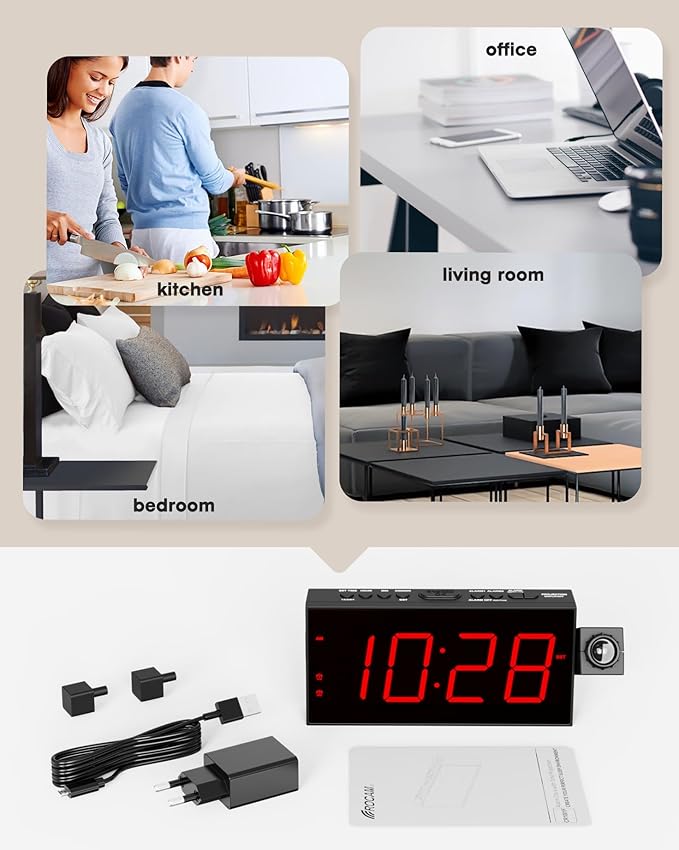 OnLyee Projection Alarm Clock for Bedroom,LED Digital Clock on Ceiling Wall with USB Phone Charging,Battery Backup,180° Rotatable Projector& Dimmer,12/24H,DST,Snooze,Dual Loud Bedside Heavy Sleeper