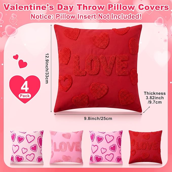 4 Pack Soft Valentines Throw Pillow Covers 18 x 18 Red Heart Square Pillow Covers with Zipper Cute Faux Fur Plush Pillows Cover for Valentines Day Sofa Bedroom Living Room