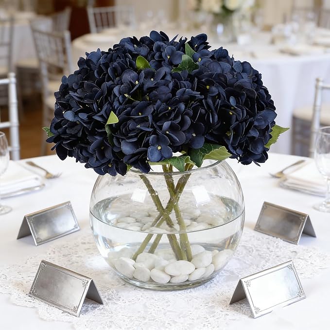 Kimura's Cabin 6pcs Navy Blue Artificial Silk Hydrangea Flowers Fake Hydrangeas with Stems Hydrangeas Bouquet for Wedding Home Halloween Party DIY Dining Table Decoration（Navy Blue）