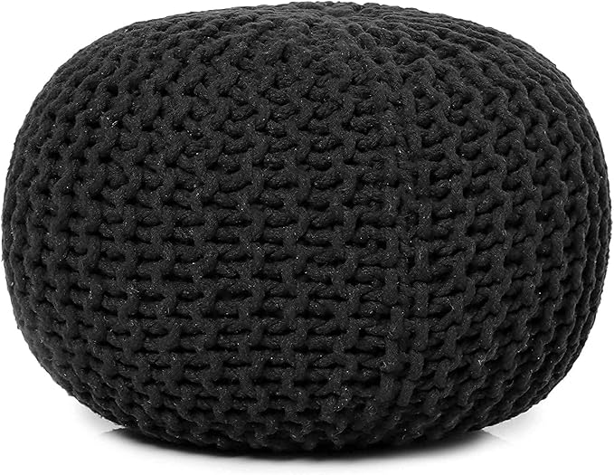 REDEARTH · Round Pouf Ottoman - Hand Knitted Cable Boho Poof Home Décor Pouffe Circular Footrest for Living Room - Nursery - Bedroom - Lounge 100% Cotton (19.5"x19.5"x14") - Black, Set of 2