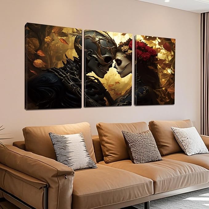 RUNBOAT Skull Pictures Wall Decor - Skull Canvas Wall Art, Skeleton Couple Poster Print, Gothic Painting Artwork, Skeleton and Roses Pictures for Living Room Bedroom (16" x 24" x 3 pcs)