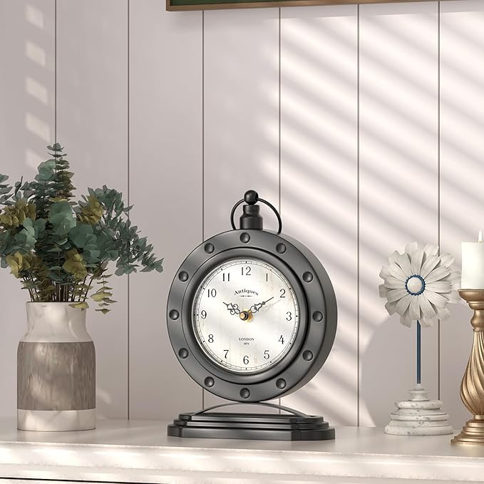 Vintage Table Clock, Desk and Shelf Mantel Clock, Antiques London Style Black Decor Clocks, for Farmhouse, Living Room, Bedroom, Bedside, Gift (8.8" H x 6.3" W)