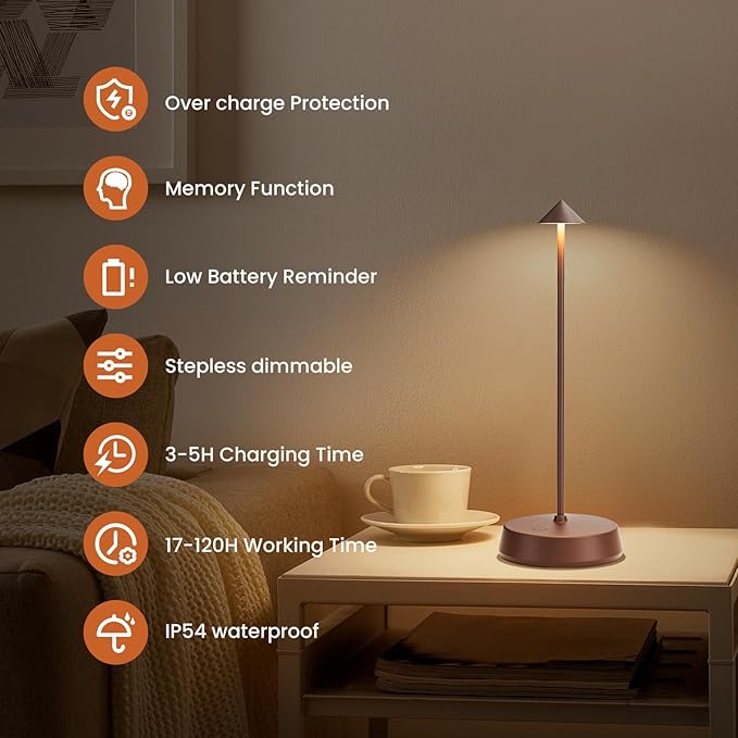 Cordless Table Lamp Rechargeable, Battery Operated 6000mAh Desk Lamp Touch Dimmable Lamp Outdoor Waterproof Portable Wireless Table Light, Small Table Lamp for Restaurant Bar/Outdoor (Brown-2PC)