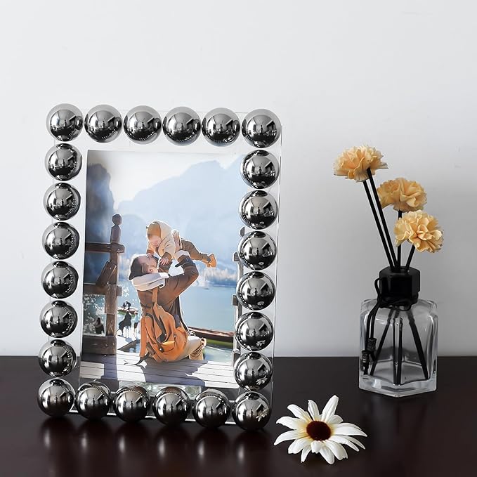 Crystal 5x7 Inch Picture Frame, Home Decor Ball Wedding Photo Frame Tabletop Display, Display Pictures 5''x 7'', Silver, Comes with Gift Box