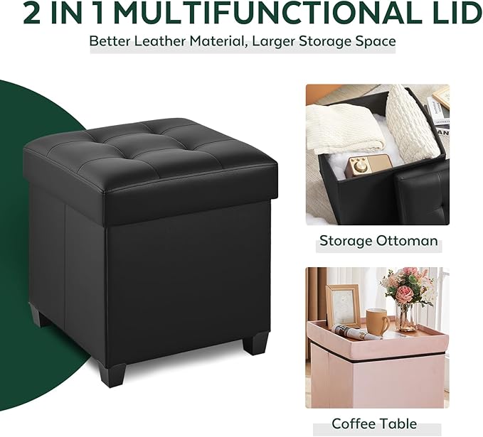 17.7" Ottoman with Storage, Square Storage Ottoman for Dorm, Faux Leather Ottomans with Legs for Living Room, Bedroom, Black