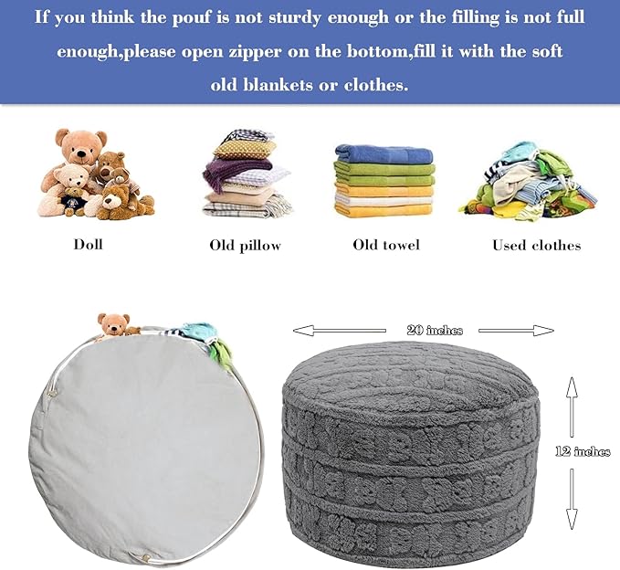 Stuffed Pouf Ottoman with High Density Foam Filler Plush Fiber Pouf Stool Round Foot Stool Cushion Storage Ottoman 20 * 12''Floor Poufs Foot Rest for Living Room (Gray)