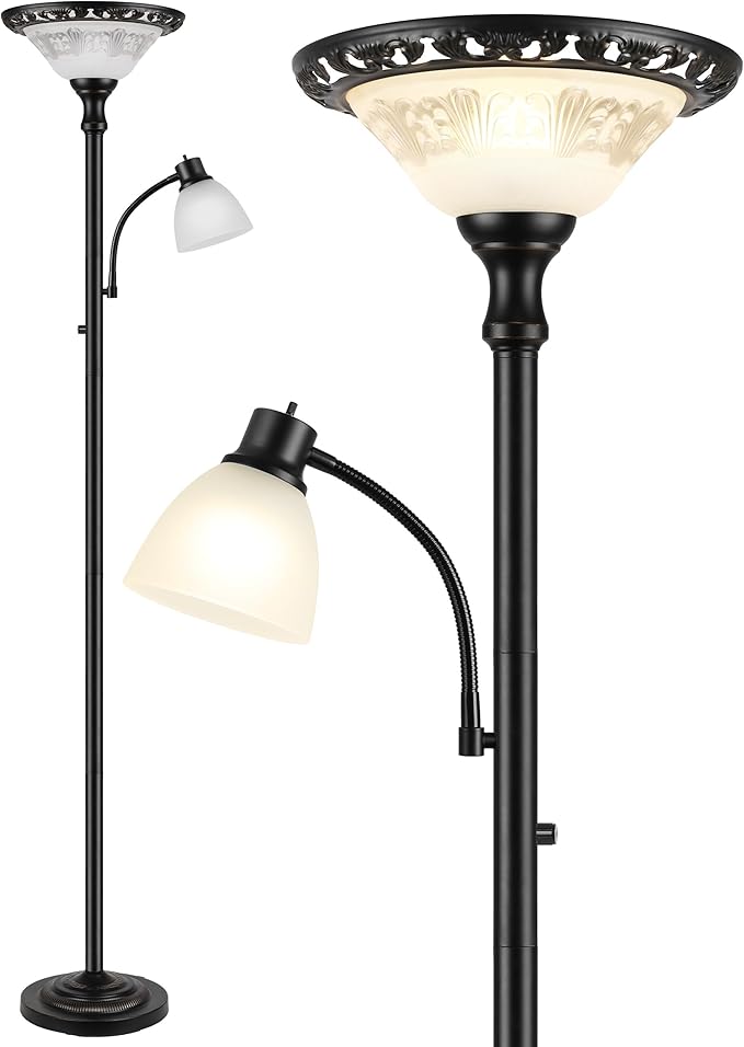Torchiere Floor Lamps for Living Room, 71" Tall Standing Lamp with Thick Glass Shade, Metal Pole & Heavy Base, Vintage Corner Lamp with Reading Light Home Decor for Bedroom Office, 3CCT Bulb Included