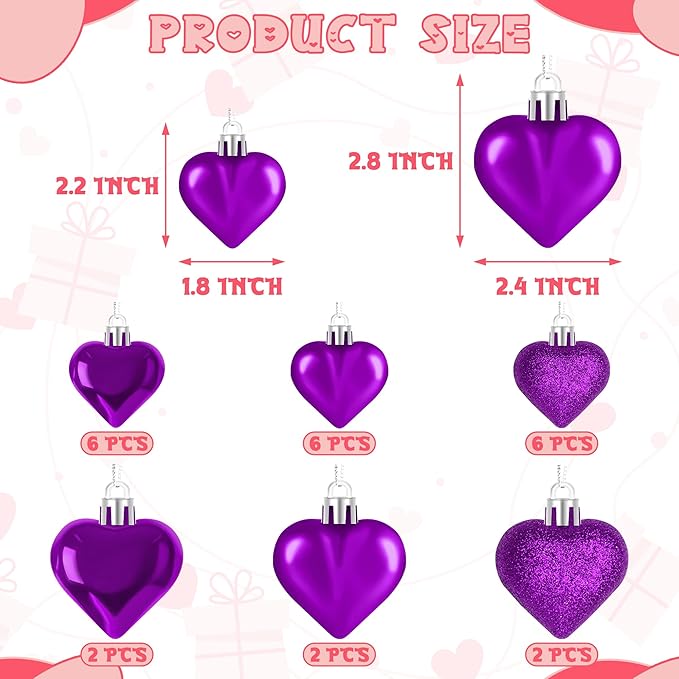 24PCS Heart Shaped Ornaments, Purple, 2 Sizes Valentines Hanging Ornaments, Glossy Baubles for Wedding Anniversary Tree Party Decorations
