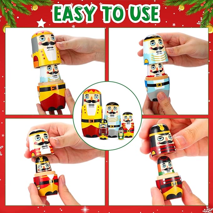 Gejoy Russian Nesting Dolls for Kids Handmade Matryoshka Wooden Stacking Toys Nesting Dolls Collectible Gifts for Winter Christmas Holiday Present Boys Girls Adults Home Decor(Nutcracker Soldiers)