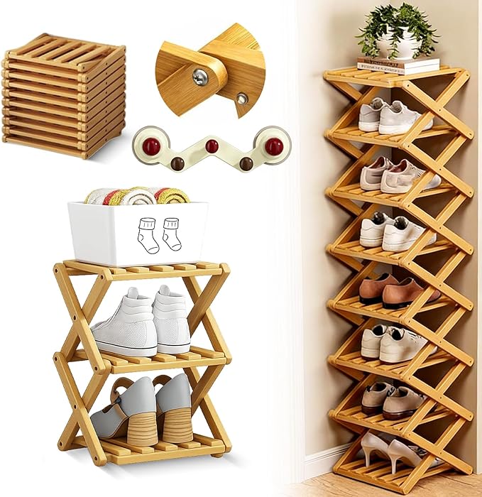 The 9-Tier No-Assembly Bamboo Rack, 2026 Upgraded Foldable 9 Tier Bamboo Corner Shoe Rack, Space-Saving Organizer for Shoes, No Assembly Narrow Shoe Shelf for Entryway Closet Dorm (Yellow, 3 Layers)