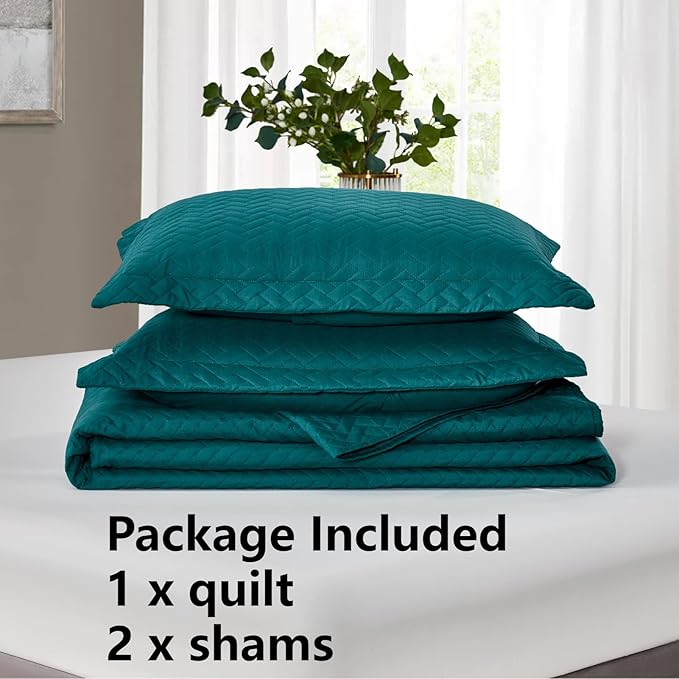 Maple&Stone Quilt Set Queen Size, Lightweight Teal Bedspread Ultrasonic Chevron Pattern Light Coverlet for All Season Comforter Bedding Decor - 3 Piece Full Bed Cover Sets