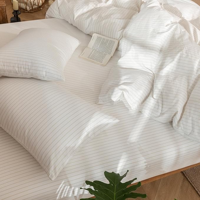 MooMee Striped Duvet Cover Set 100% Washed Cotton Linen Like Textured Breathable Durable Soft Comfy (White Almond Milk Grey Wide Stripes, Oversized Queen 98"x98")