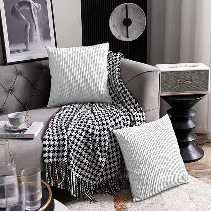 White Striped Couch Pillow Cases: 2 Pack 16x16 Inch Original Velvet Square Throw Pillow Covers for Farmhouse Home Decor