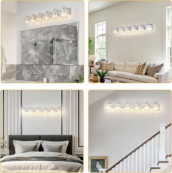 6-Light Modern Bathroom Light Fixture Chrome Vanity Lights Over Mirror Wall Sconce Lighting with K9 Crystal Shades Bathroom Wall Lamp E26 Base for Bedroom, Living Room, Hallway