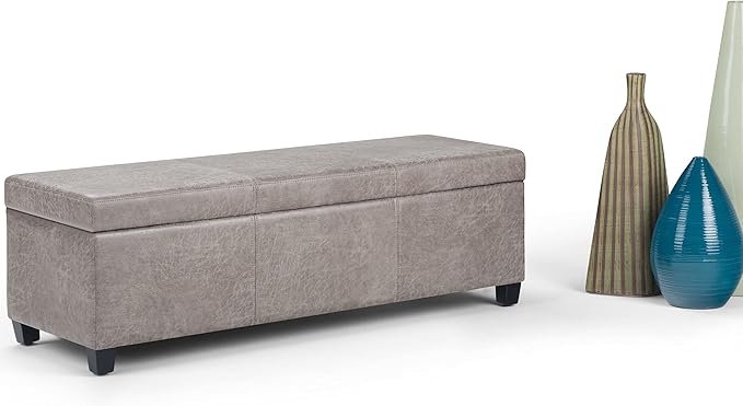 SIMPLIHOME Avalon Storage Ottoman Bench - 48 inch Wide Upholstered Vegan Leather Rectangular Lift-Top Ottoman in Distressed Grey Taupe, Contemporary Bench for Living Room with High-Density Foam