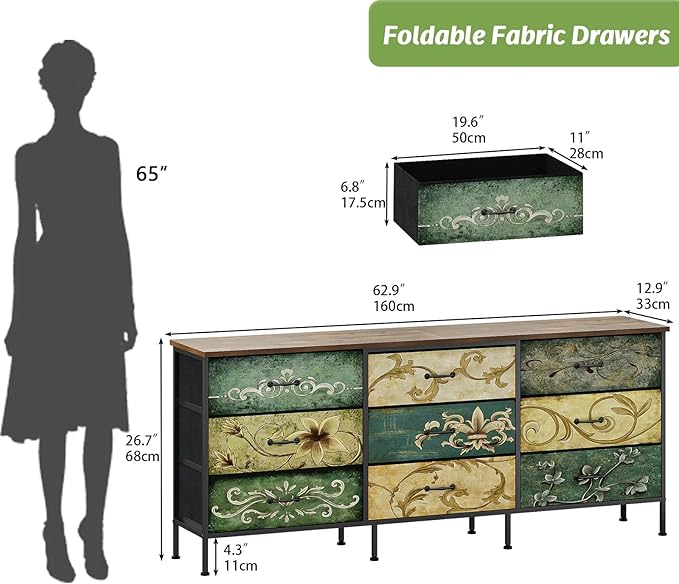 Tohomeor Dresser with Drawers for Bedroom Chest of Drawers Fabric Dresser for Closet,Nursery Entryway Hall Tree TV Stand for Living Room Retro Floral Pattern Drawers Wooden Top (Wide 9 Drawers)