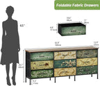 Tohomeor Dresser with Drawers for Bedroom Chest of Drawers Fabric Dresser for Closet,Nursery Entryway Hall Tree TV Stand for Living Room Retro Floral Pattern Drawers Wooden Top (Wide 9 Drawers)