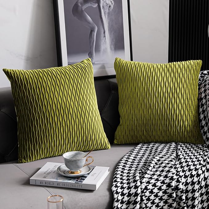 16x16 Moss Green Throw Pillow Cases: 2 Pack Original Striped Velvet Square Decorative Pillow Covers for Farmhouse Couch