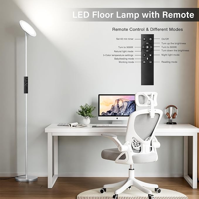 Modern LED Floor Lamp - Remote & Touch Control, 36W/1500LM Sky Torchiere Standing Lamp, Fully Dimmable, 3 Color Temperatures, Ideal for Living Room & Bedroom, Easy to Assemble(Grey)