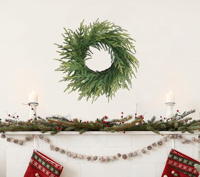20 Inch Norfolk Pine Winter Wreath - Artificial Pine Greenery Winter Christmas Wreaths for Front Door Porch Wall Window Porch Fireplace Indoor Outdoor Decor Christmas Decorations