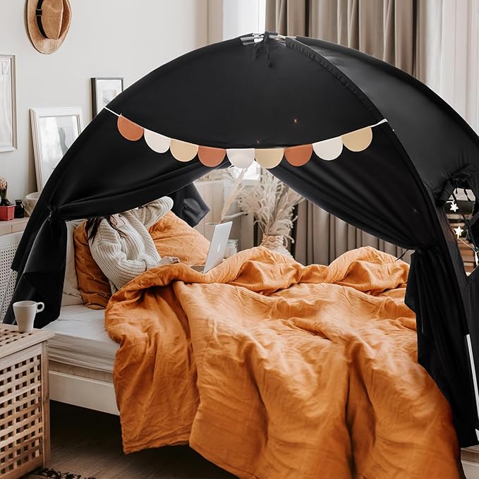 Sherilyn Twin Size Bed Canopy Bed Tents Dream Tent on Bed Privacy Space Blackout Sleeping Tents Indoor Breathable Portable Cottage Floor Drafty Room (Black)