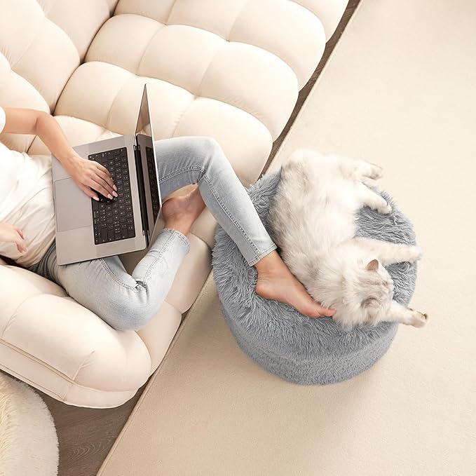 Hansleep Round Pouf Ottoman Foot Rest, 17 x 14 Small Faux Fur Stuffed Pouf for Chair, Foam Filled Foot Stools Ottomans for Living Room, Grey