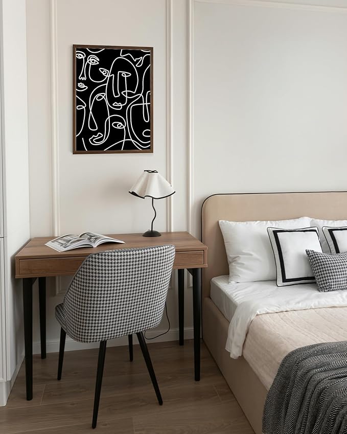 Abstract Face Pattern Wall Art Black Background White Continuous Line Drawing 12x16 Inch Oak Wood Walnut Framed Modern Diverse Portrait for Living Room Decor