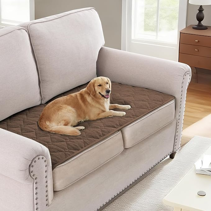 H.VERSAILTEX Couch Cover Chenille Pet Fuzzy Sofa Covers for 2 Cushion Couch Anti Slip Washable Sofa Slipcovers with Strap Soft Couch Protector Cover for Dogs Cats Kids(27.6" x 59",Coco Mocha)