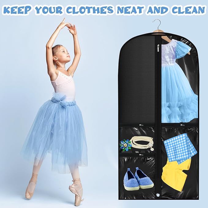 Geelin 14 Pcs Garment Bags for Dance Costumes PVC Clear with Zippers 20 x 40 Inch Garment Bag with Pockets Dance Costume Organizer Carrier for Storage Cover for Adult(Black)