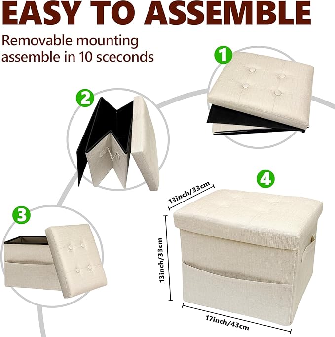 ALASDO Storage Ottoman Footrest Stool Small Ottoman with Storage Foldable Ottomans Foot Rest Footstool Bench for Living Room 17x13x13inches Beige