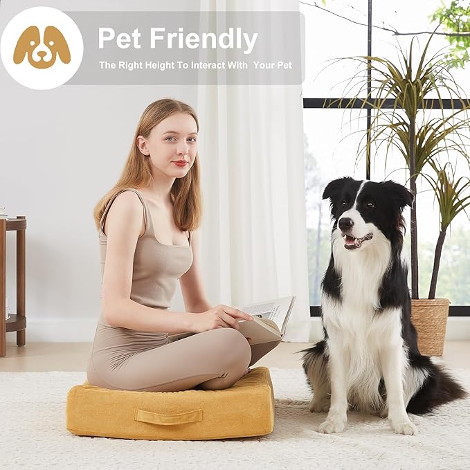 22 inches Floor Pillow for Adults - Large Meditation Cushion with Thick Foam & Soft Tufted Cover - Premium Outdoor Square Floor Cushion Seat - Yoga Pillows for Sitting On Floor - Yellow