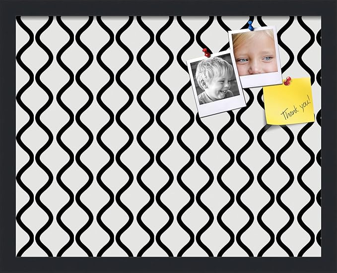 PinPix 19x15 Inch Cork Bulletin Board. This Decorative Framed Pin Board Comes with Black and White Waves Design and a Satin Black Frame. Ideal for Home Office Decor or Message Board (PinPix-194)