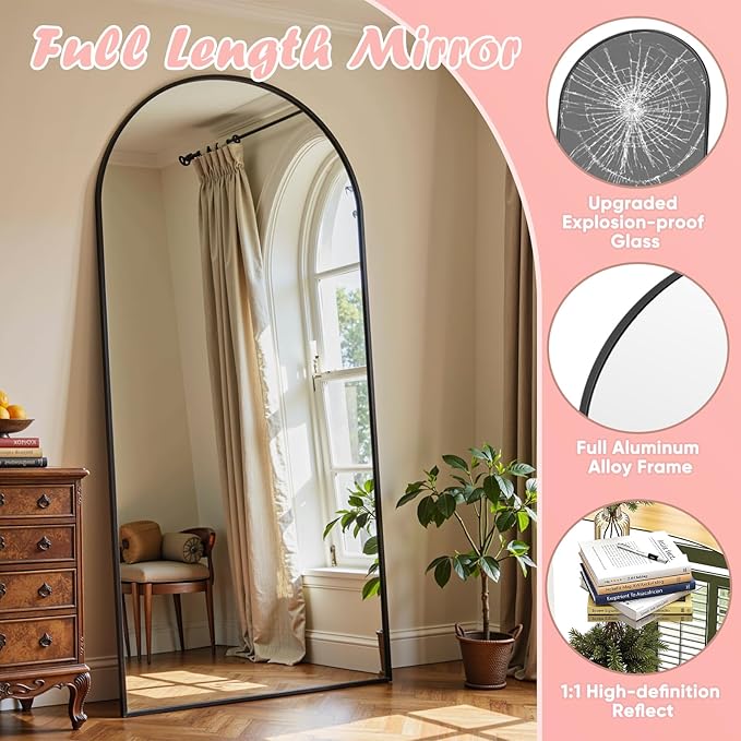 Full Length Mirror, 71" x 32" Arched Full Body Mirror Large Standing Floor Mirrors, Mirrors for Bedroom, Bathroom, Living Room Standing or Wall Leaning, Black