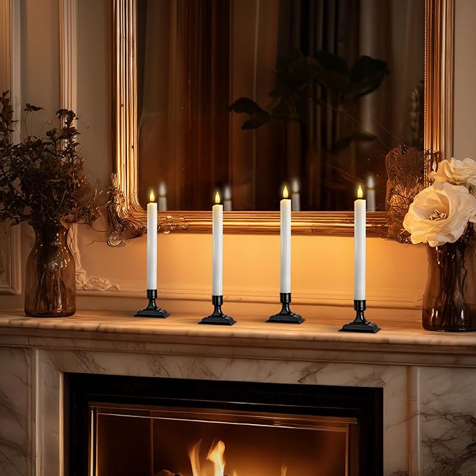 Homemory Real Wax Window Candles with Remote Timer Dimmer, Flameless Taper Candles with Holders, Christmas Candle for Window Battery Operated, LED Candlesticks for Home Holiday Decor, 6 Pcs White